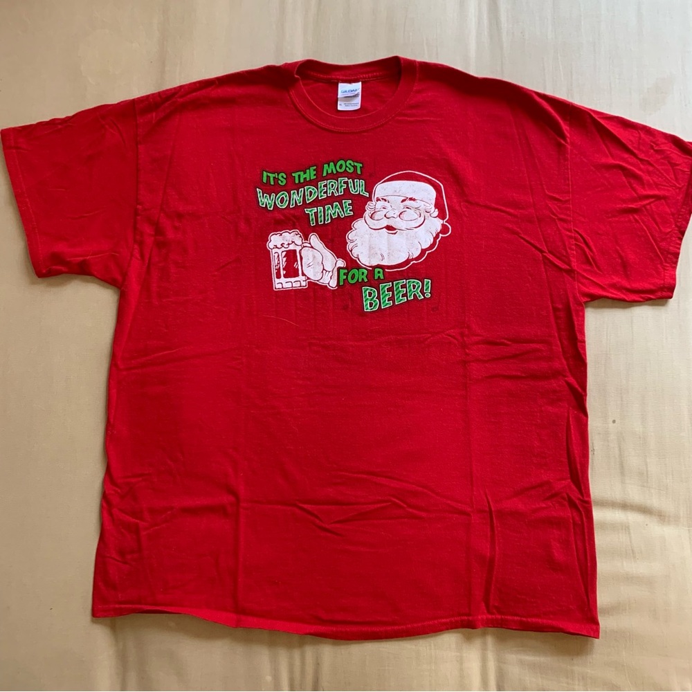 Santa Beer Christmas Graphic T-Shirt‎ Mens 2XL XXL Red Most Wonderful Time Beer